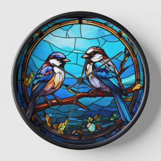 Reloj de pared de pájaros de vidrio manchado