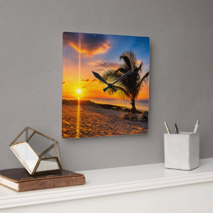 Reloj de pared de palma de puesta de sol del Carib