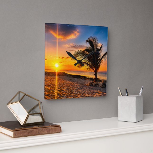 Reloj de pared de palma de puesta de sol del Carib (Oficina)