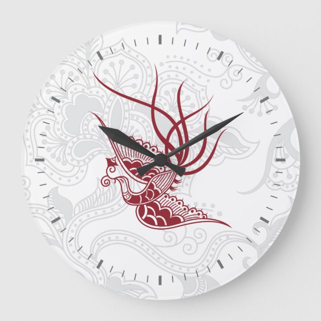 Reloj de pared de patrón floral y pájaro rojo (Anverso)