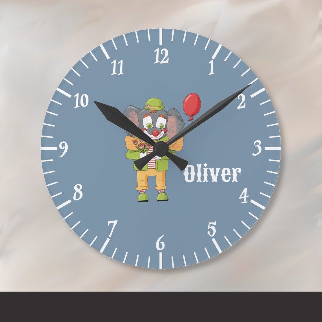 Reloj de pared de payaso de elefante azul para niñ (Circus clown elephant nursery room blue wall clock with name . )