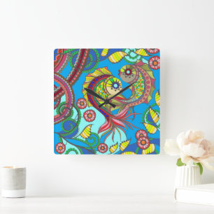 Reloj de pared de peces y flores coloridos