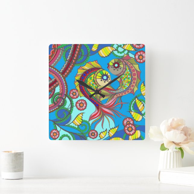 Reloj de pared de peces y flores coloridos (Hogar)
