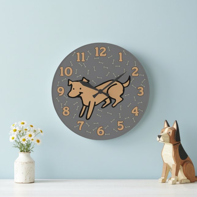 Reloj de pared de perro lindo con números grandes  (Cute and whimsical playful dog wall clock for a dog lover's home.)