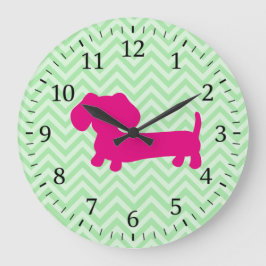Reloj de pared de perro salchicha rosa y verde