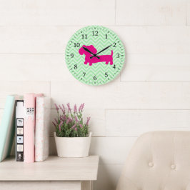 Reloj de pared de perro salchicha rosa y verde