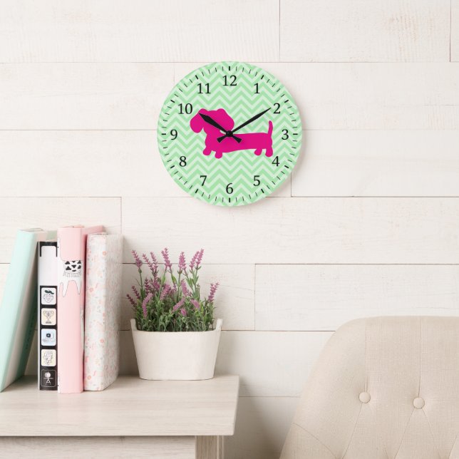 Reloj de pared de perro salchicha rosa y verde (Sala de lectura)