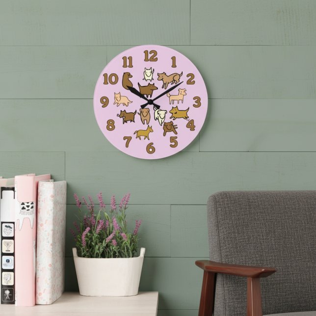 Reloj de pared de perros de dibujos animados alegr (Cute lavender wall clock for dog lovers. Decorated with whimsical cartoon dog illustrations.)