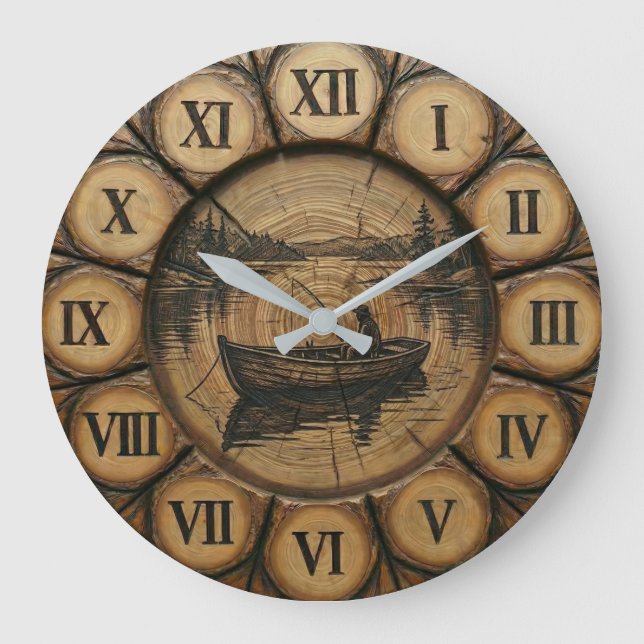 Reloj de pared de pesca en lago rústico | Estilo d (Anverso)