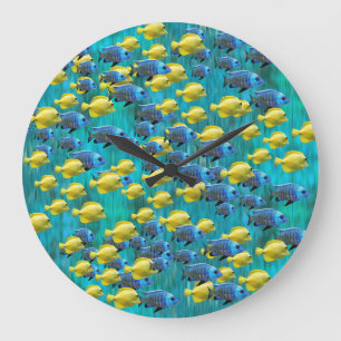 Reloj de pared de pez azul y amarillo redondo