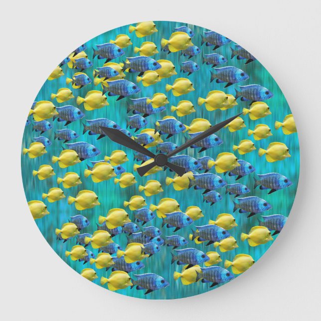 Reloj de pared de pez azul y amarillo redondo (Anverso)