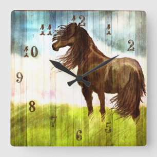 Reloj de pared de pintura de caballos marrón rústi