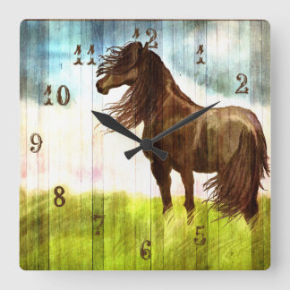 Reloj de pared de pintura de caballos marrón rústi