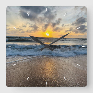 Reloj de pared de playa de puesta de sol en el océ
