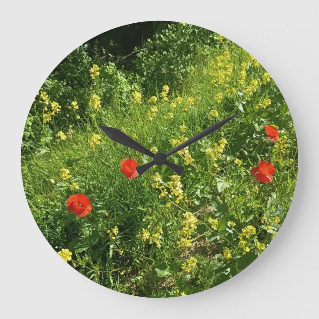 Reloj de pared de prado de flores silvestres rojas (Anverso)