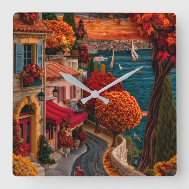 Reloj de pared de pueblo costero de otoño  (Anverso)