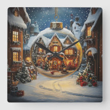 Reloj de pared de pueblo navideño