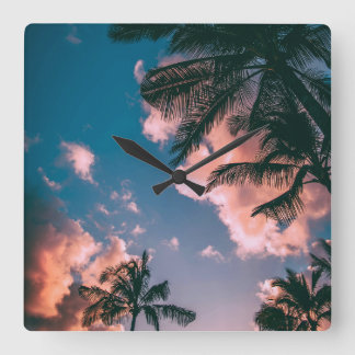 Reloj de pared de puesta de sol de palmera tropica