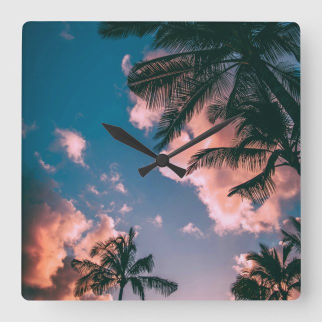 Reloj de pared de puesta de sol de palmera tropica (Anverso)