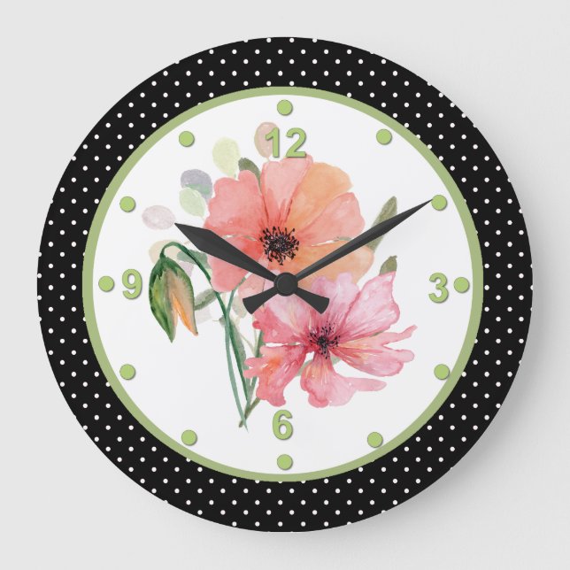 Reloj de pared de puntos de bonito floral y polka (Anverso)