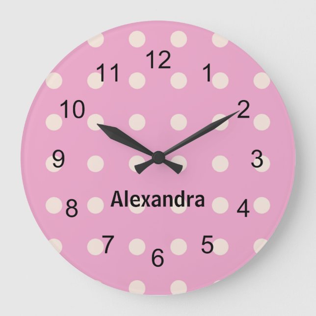 Reloj de pared de puntos de Polka rosa y blanco (Anverso)