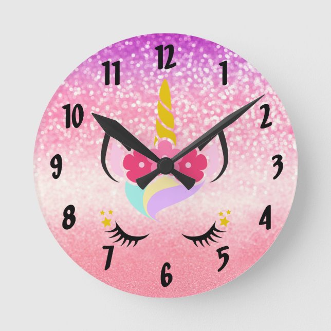 Reloj de pared de Purpurina unicornio personalizad (Anverso)