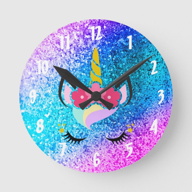 Reloj de pared de Purpurina unicornio personalizad (Anverso)
