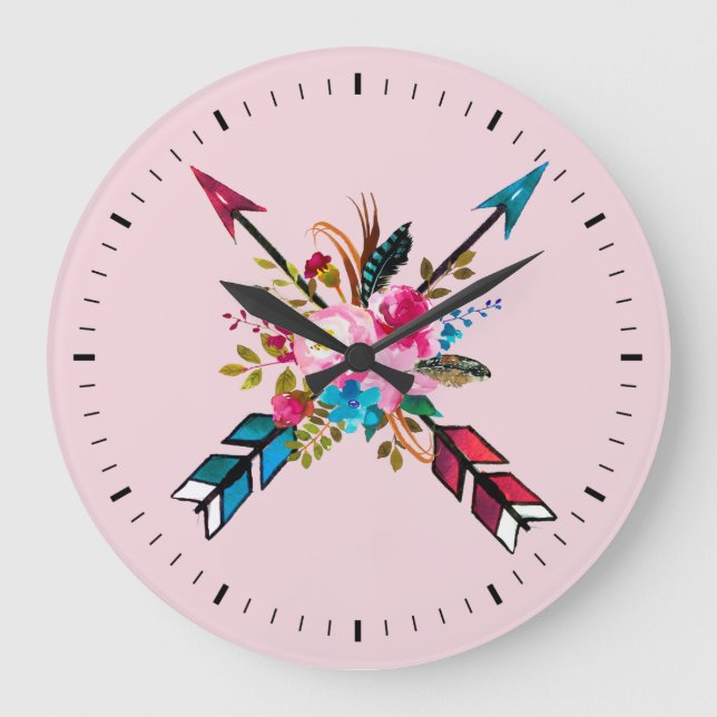 Reloj de pared de ramo de flechas y plumas rosa bo (Anverso)