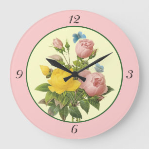 Reloj de pared de rosas botánicas amarillas rosada