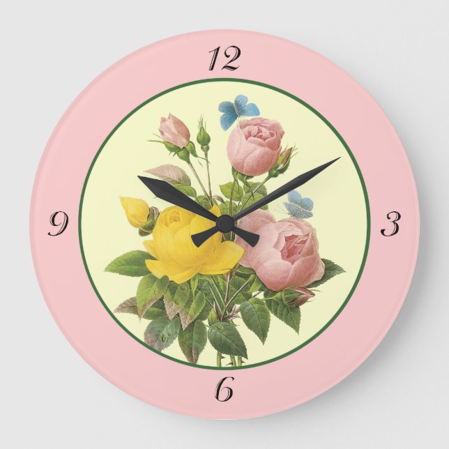 Reloj de pared de rosas botánicas amarillas rosada (Anverso)