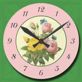 Reloj de pared de rosas botánicas rosa y amarillo 