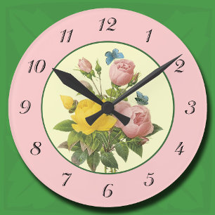 Reloj de pared de rosas botánicas rosa y amarillo 