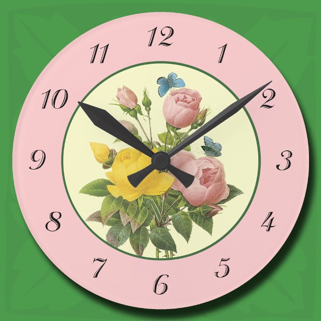 Reloj de pared de rosas botánicas rosa y amarillo  (Pink and Yellow Botanical Roses Wall Clock)