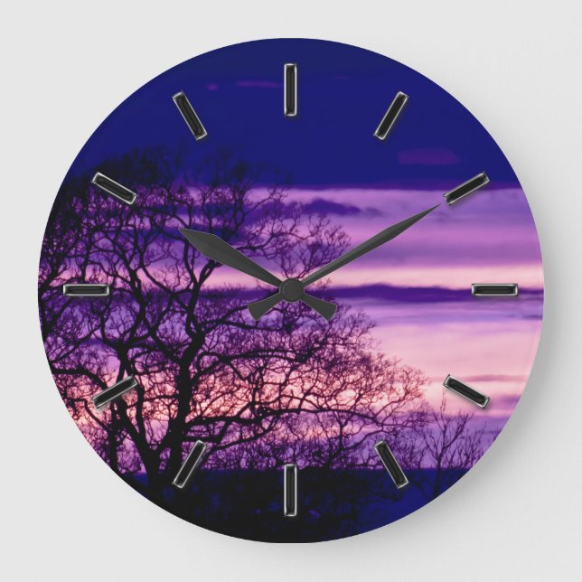 Reloj de pared de silueta del árbol morado del sol (Anverso)