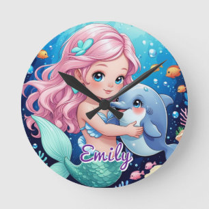 Reloj de pared de sirena y delfín lindo – Nombre e
