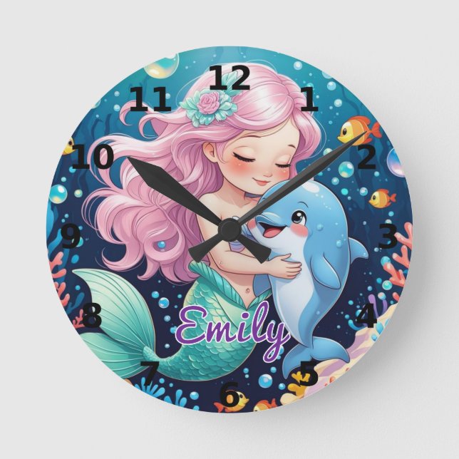 Reloj de pared de sirena y delfín - Personalizado (Anverso)