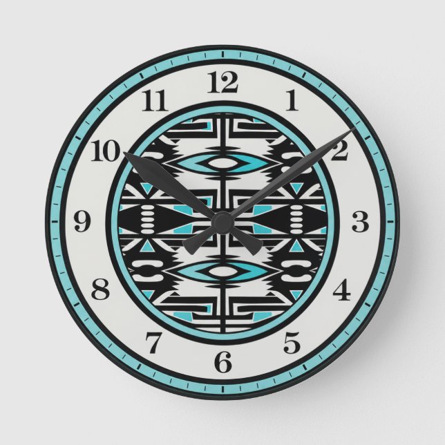 Reloj de pared de tapiz tribal turquesa (Anverso)