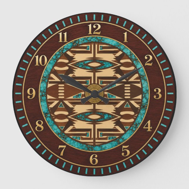 Reloj de pared de tapiz tribal turquesa y marrón (Anverso)