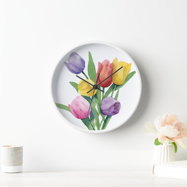 Reloj de pared de tulipanes coloridos (Hogar)