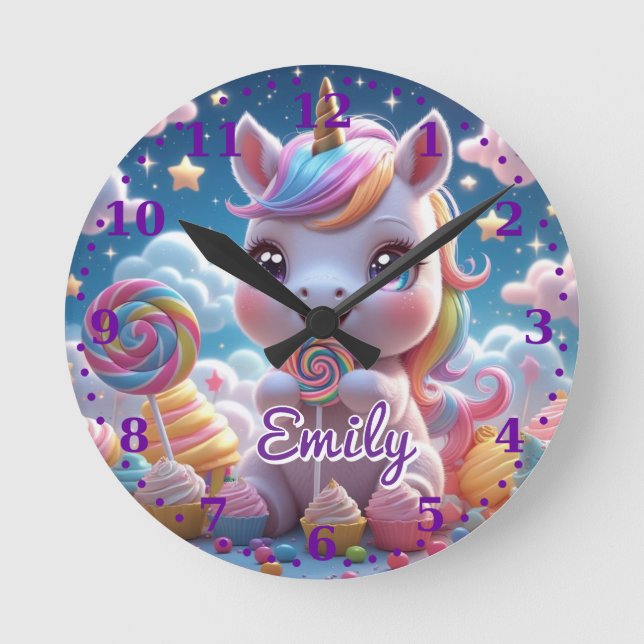 Reloj de pared de Unicornio de Lollipop - Nombre e (Anverso)