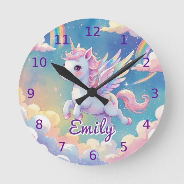 Reloj de pared de unicornio - Nombre editable (Anverso)