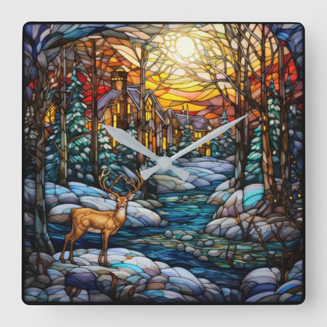 Reloj de pared de vidrio manchado de invierno (Anverso)