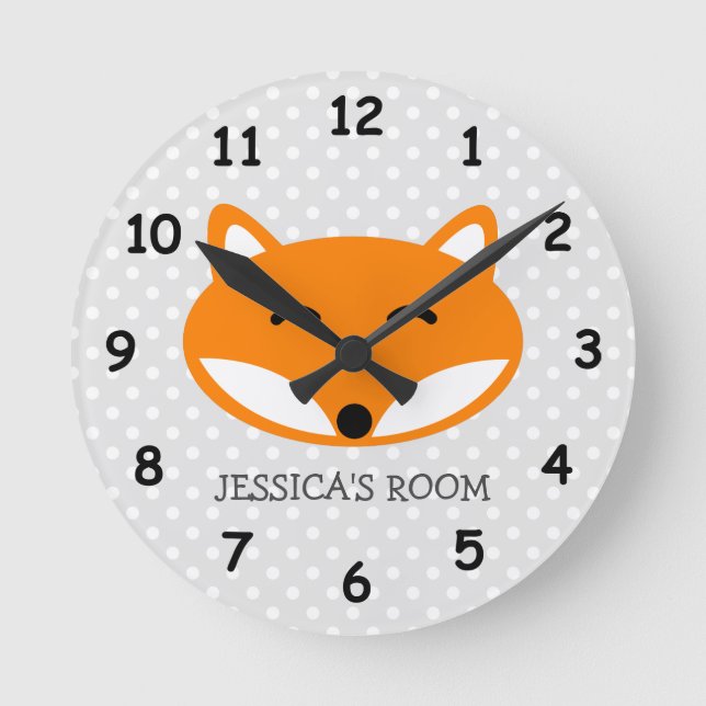 Reloj de pared de vivero de zorro rojo y polkadots (Anverso)