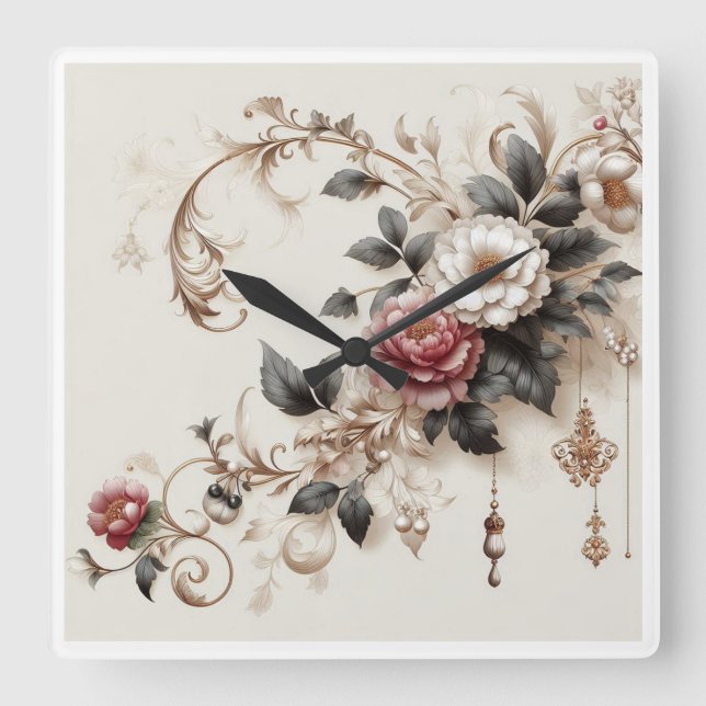 Reloj de pared decorativo, floral sofisticada (Anverso)