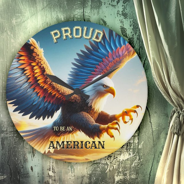 Reloj de pared del águila colorido clásico Patriot (Wall clock featuring a colorful painting of a landing bald eagle with spread wings - USA patriots)