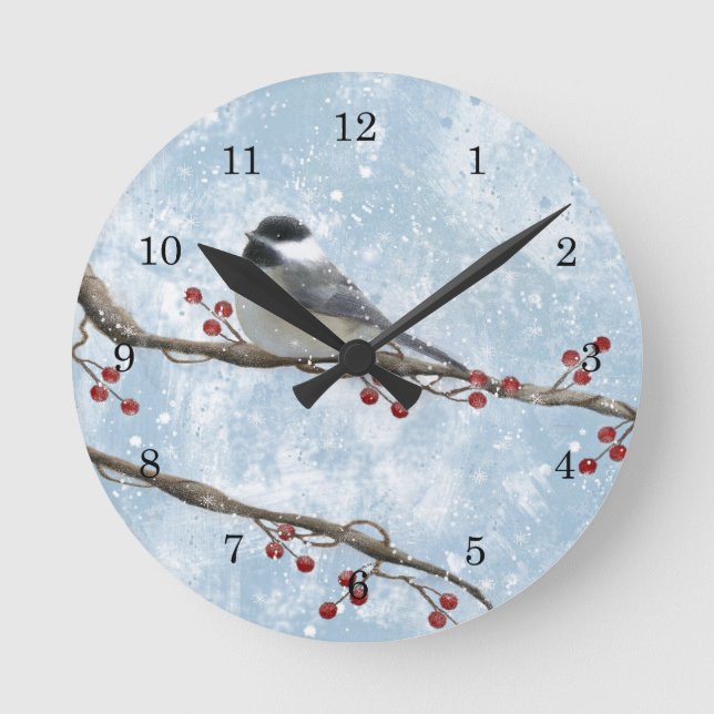 Reloj de pared del Chickadee del invierno (Anverso)