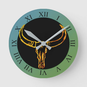 Reloj de pared del cráneo de Bull del oro