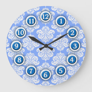 Reloj de pared del patrón de damasco azul y blanco