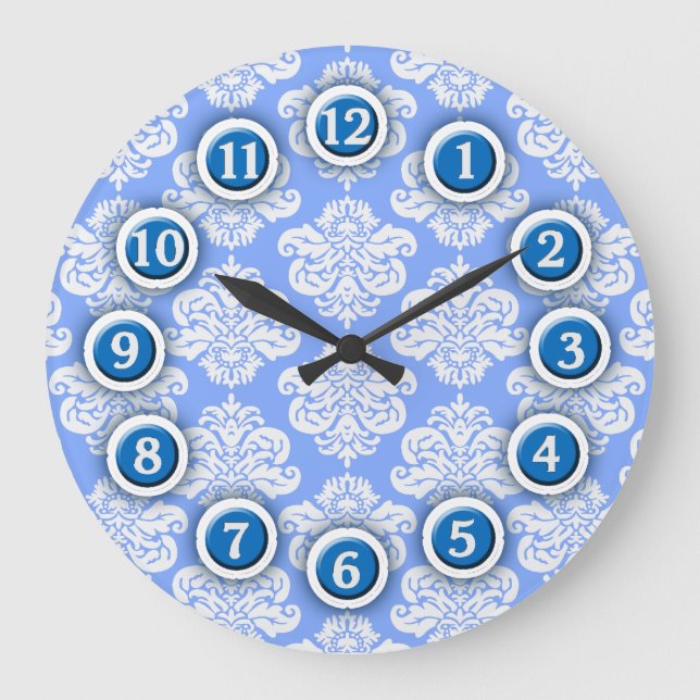 Reloj de pared del patrón de damasco azul y blanco (Anverso)