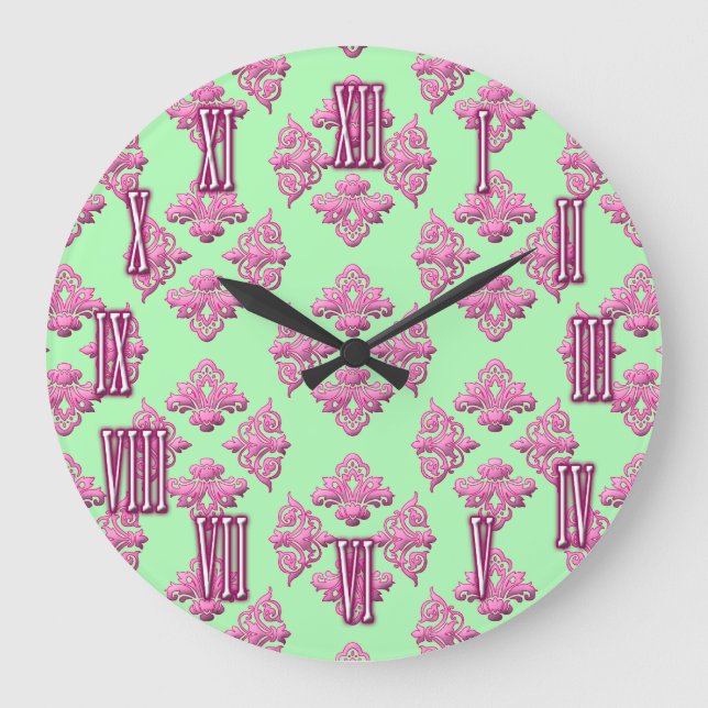 Reloj de pared del patrón de damasco rosa y verde (Anverso)
